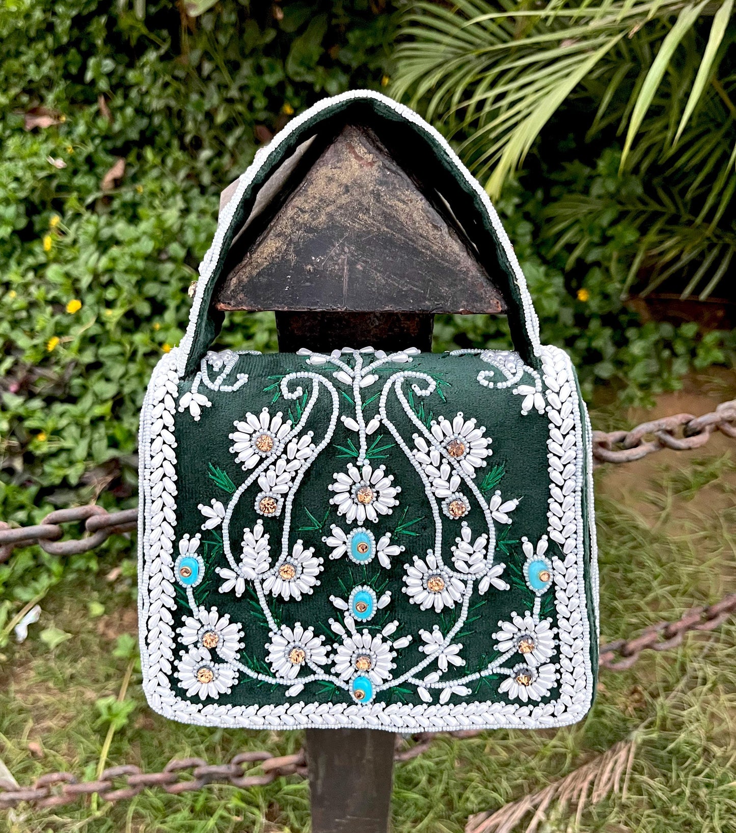 Green Floral Beaded Wedding Clutch: Embroidered Bridal Bag