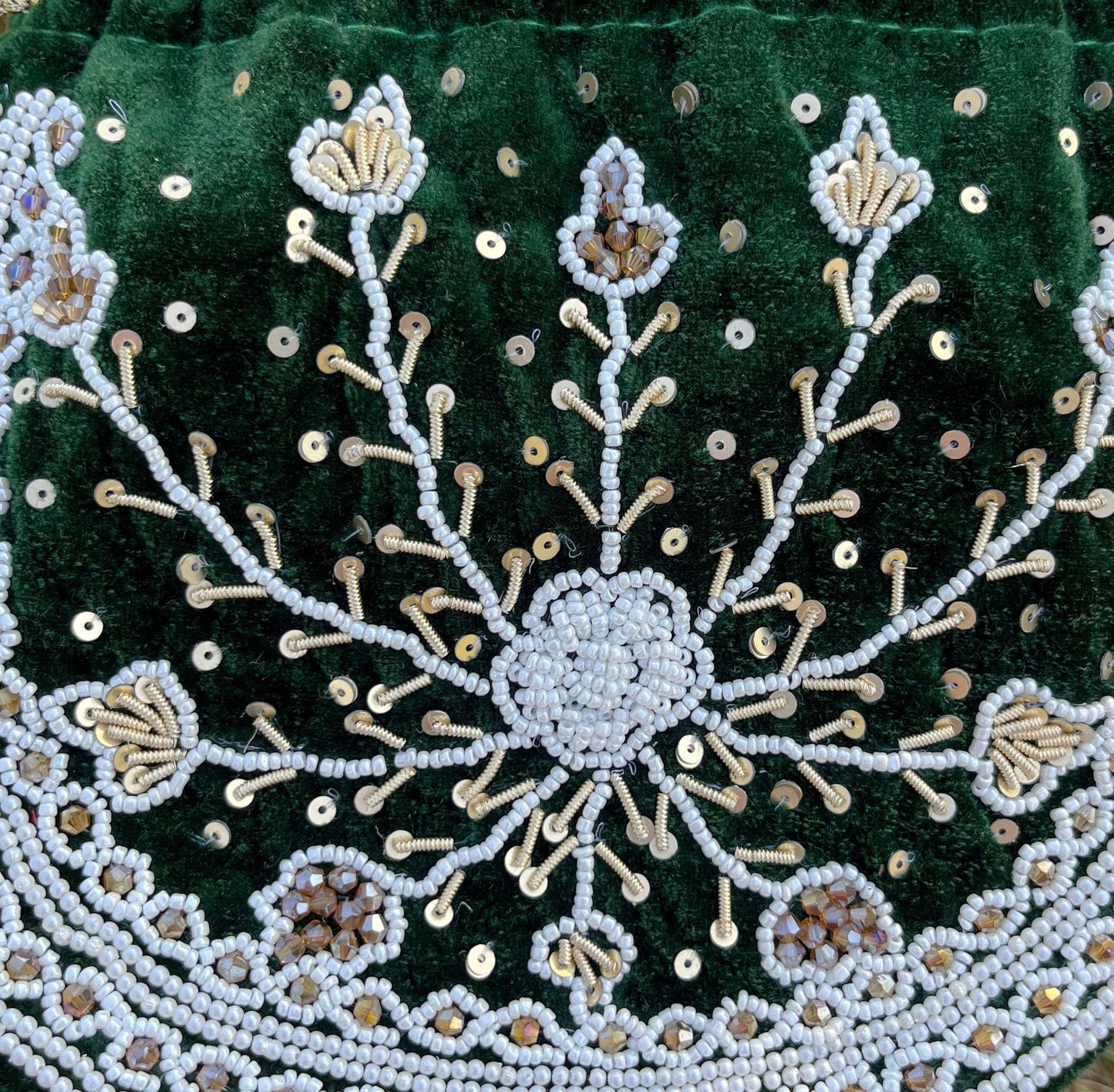 Embroidered Bridal Potli Bag: Green Velvet Wedding Purse with Pearl Handle
