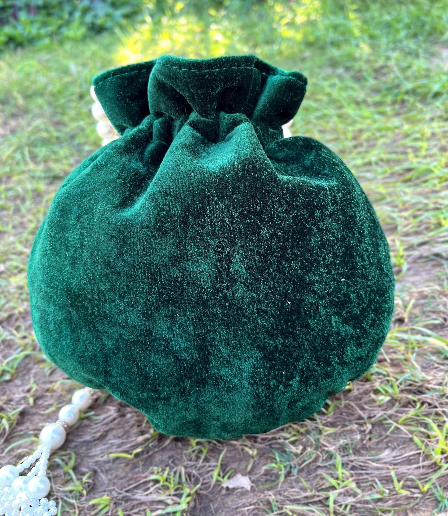 Embroidered Bridal Potli Bag: Green Velvet Wedding Purse with Pearl Handle