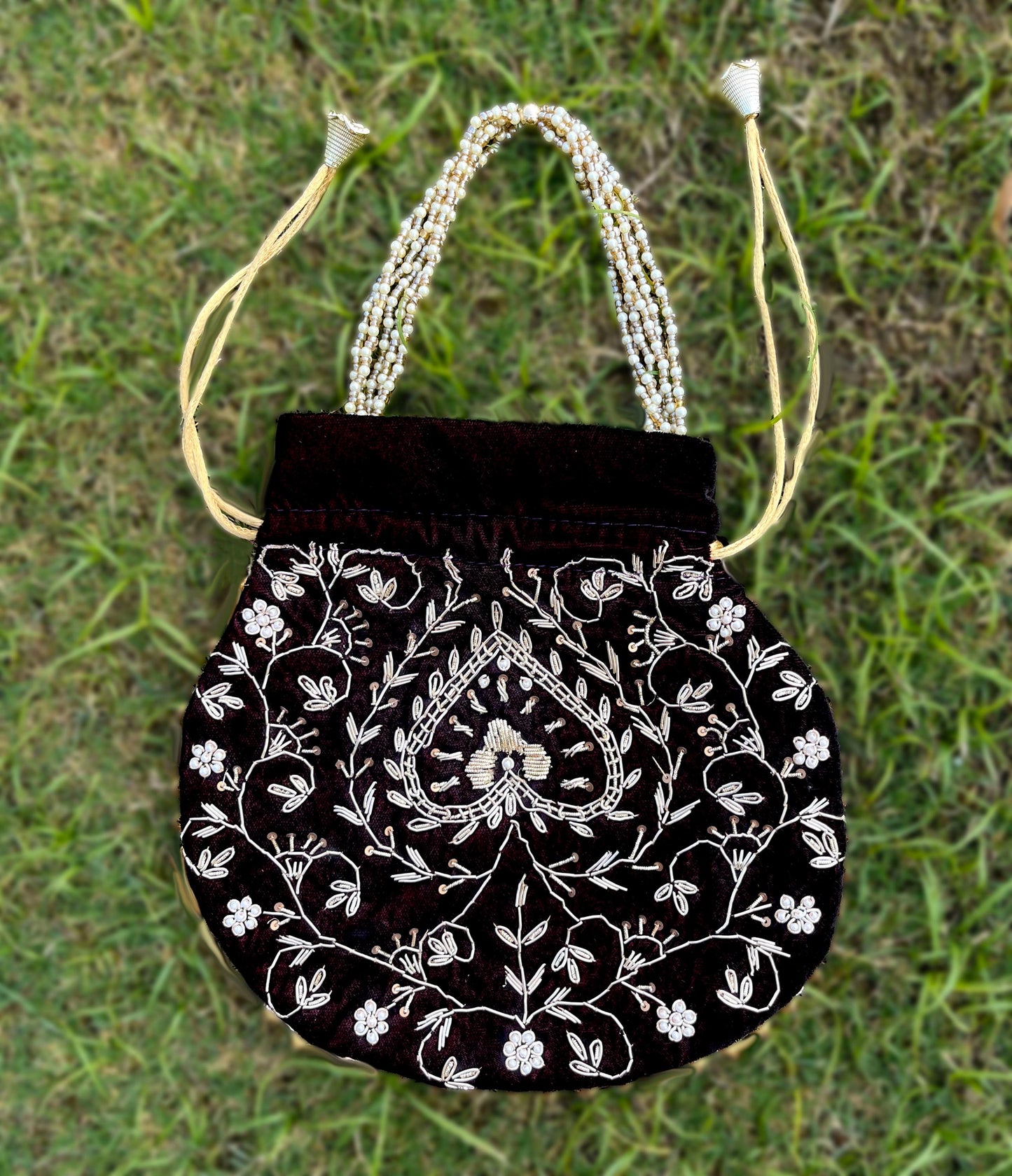 Wine Zardosi Potli Bag: Indian Wedding Favor Bridal Purse