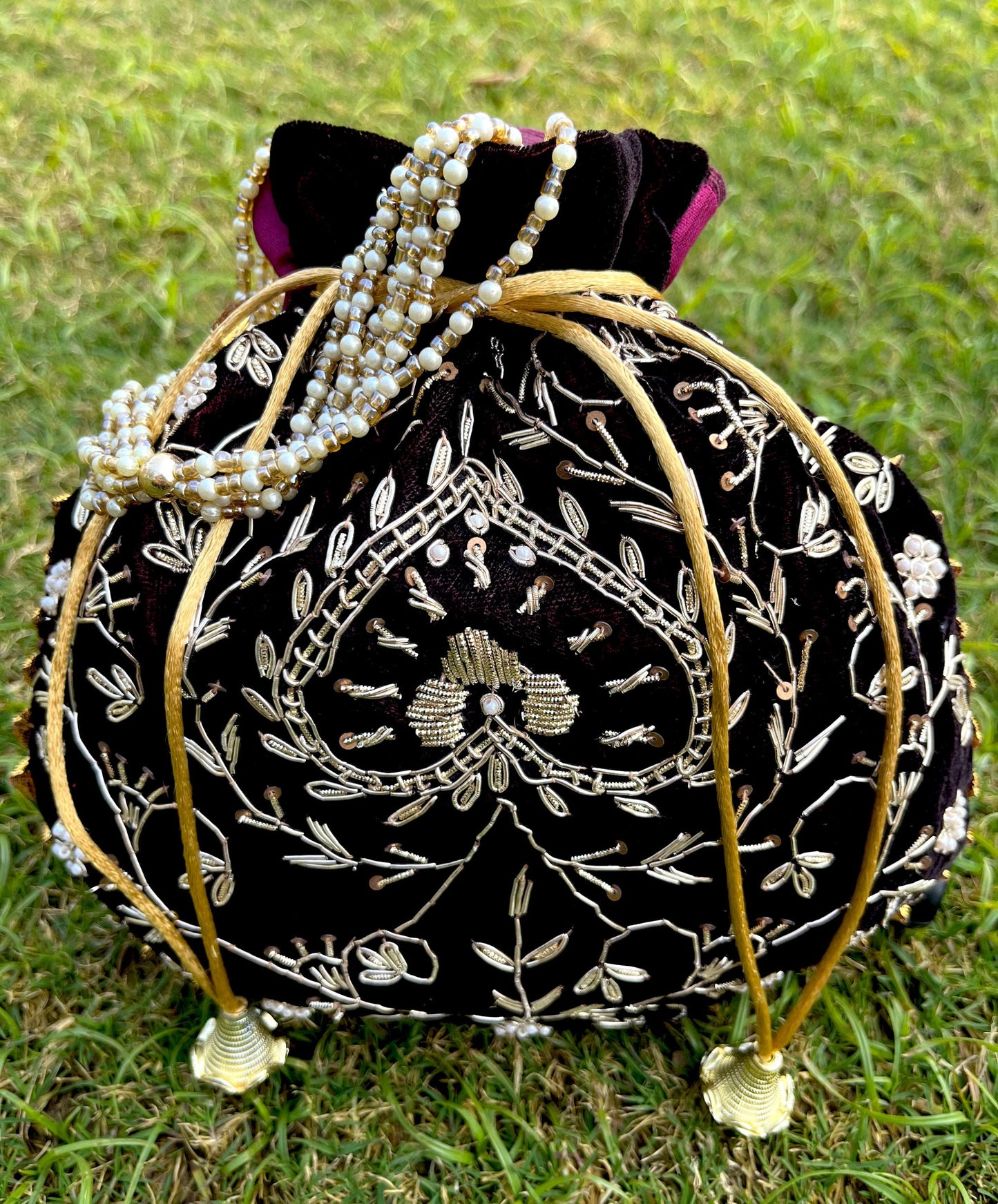 Wine Zardosi Potli Bag: Indian Wedding Favor Bridal Purse