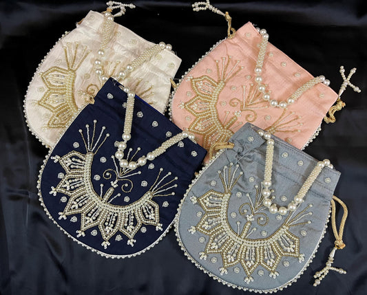 Handmade Beaded Potli Bag with Pearl Handle | Wedding Clutch Purse | Indian Ethnic Bridal Gift Bag | Party & Festive Drawstring Handbag