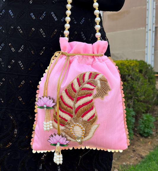 Pink Feather Zardozi Potli Bag: Indian Wedding Favor, Bridal Gift
