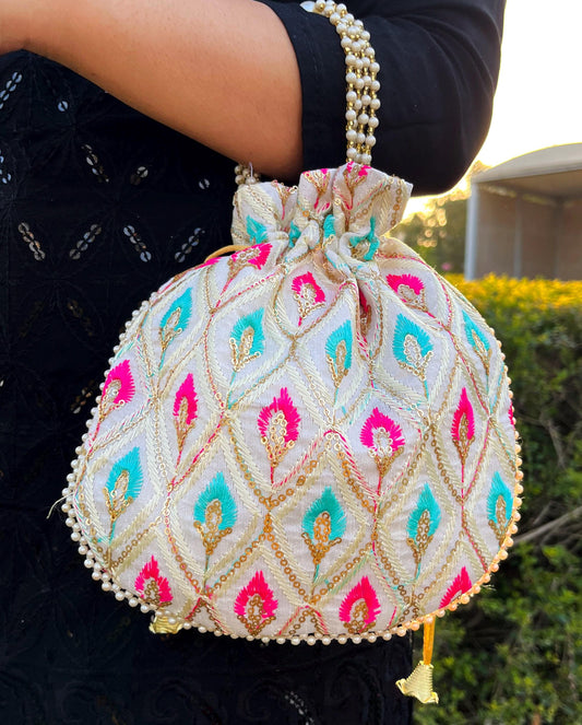 Embroidered Potli Bag: Indian Style Wedding Favor, Pink & White