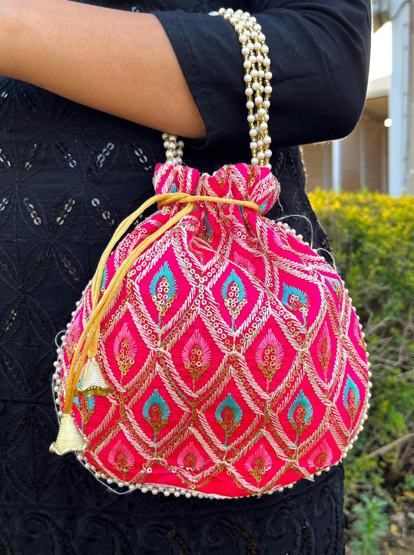 Embroidered Potli Bag: Indian Style Wedding Favor, Pink & White