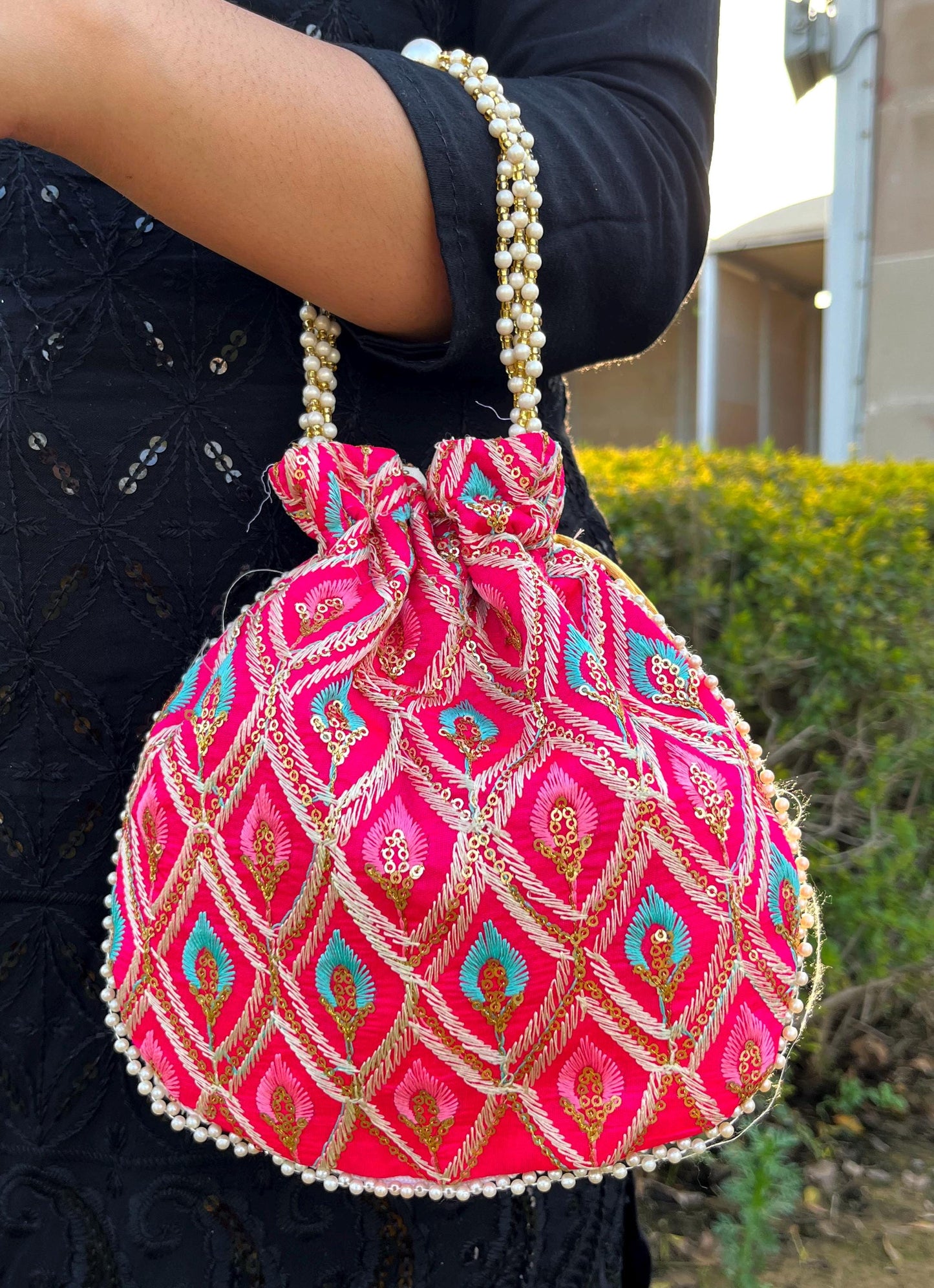 Embroidered Potli Bag: Indian Style Wedding Favor, Pink & White