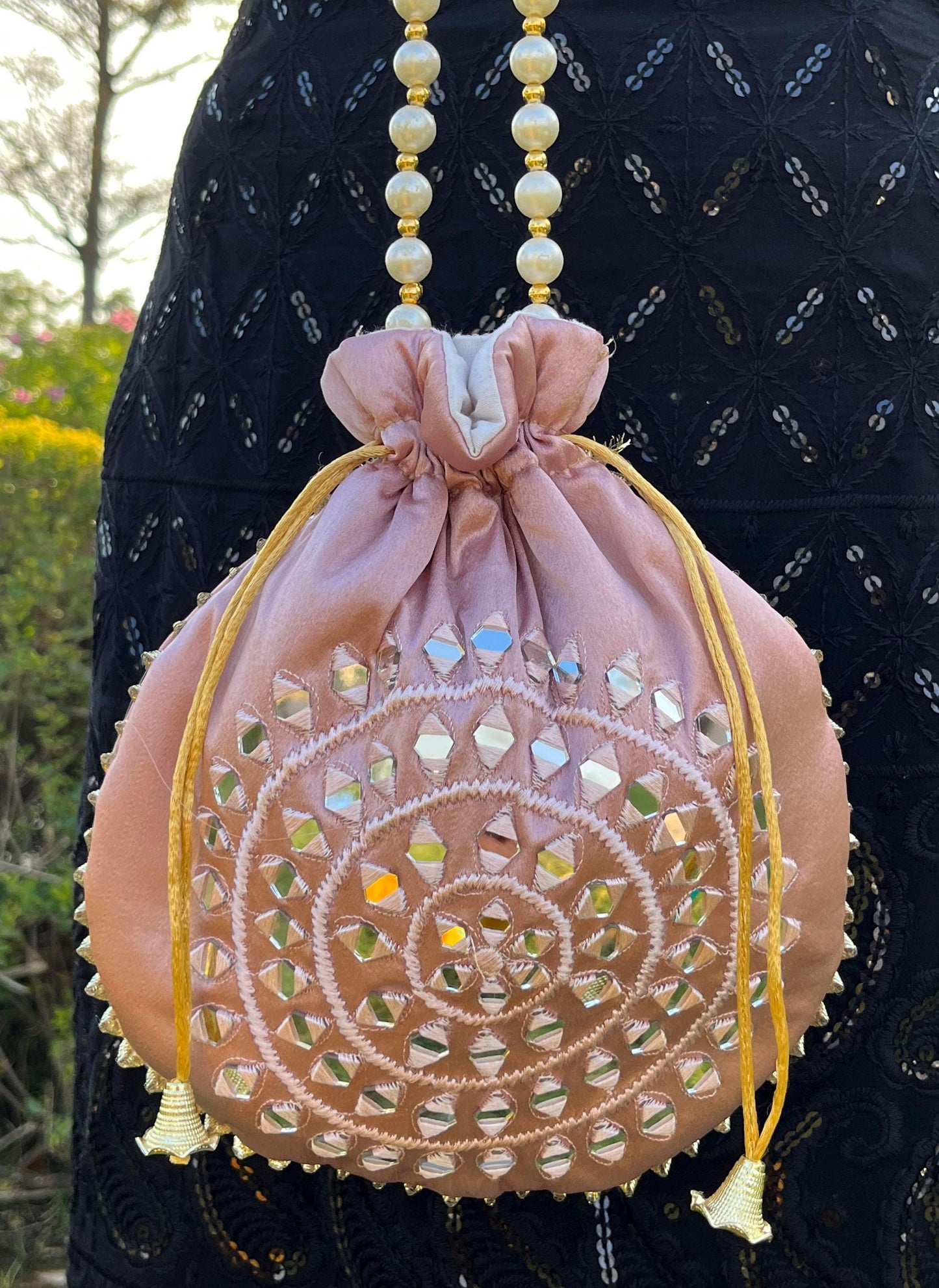 Mirror Work Indian Potli Bag: Pale Pink & Grey Wedding Favor