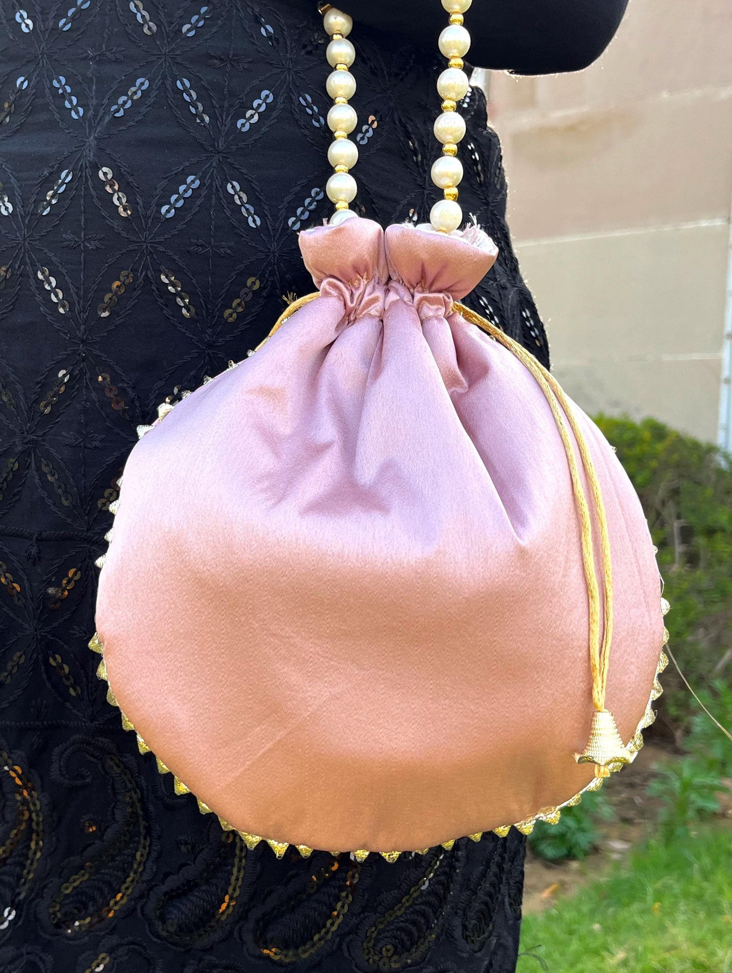 Mirror Work Indian Potli Bag: Pale Pink & Grey Wedding Favor