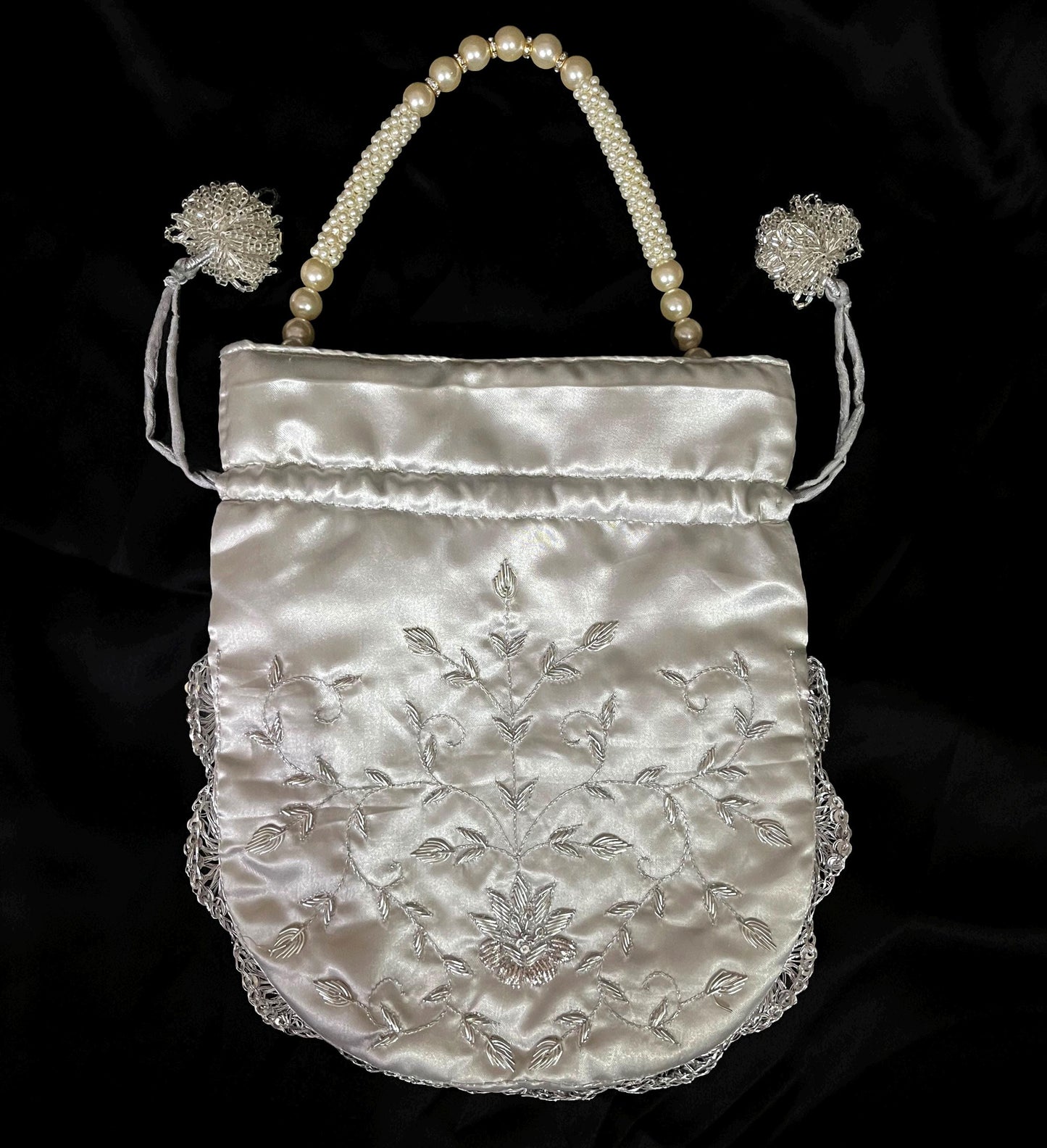 Silver Zardozi Embroidered Potli Bag: Handcrafted Satin Drawstring Purse
