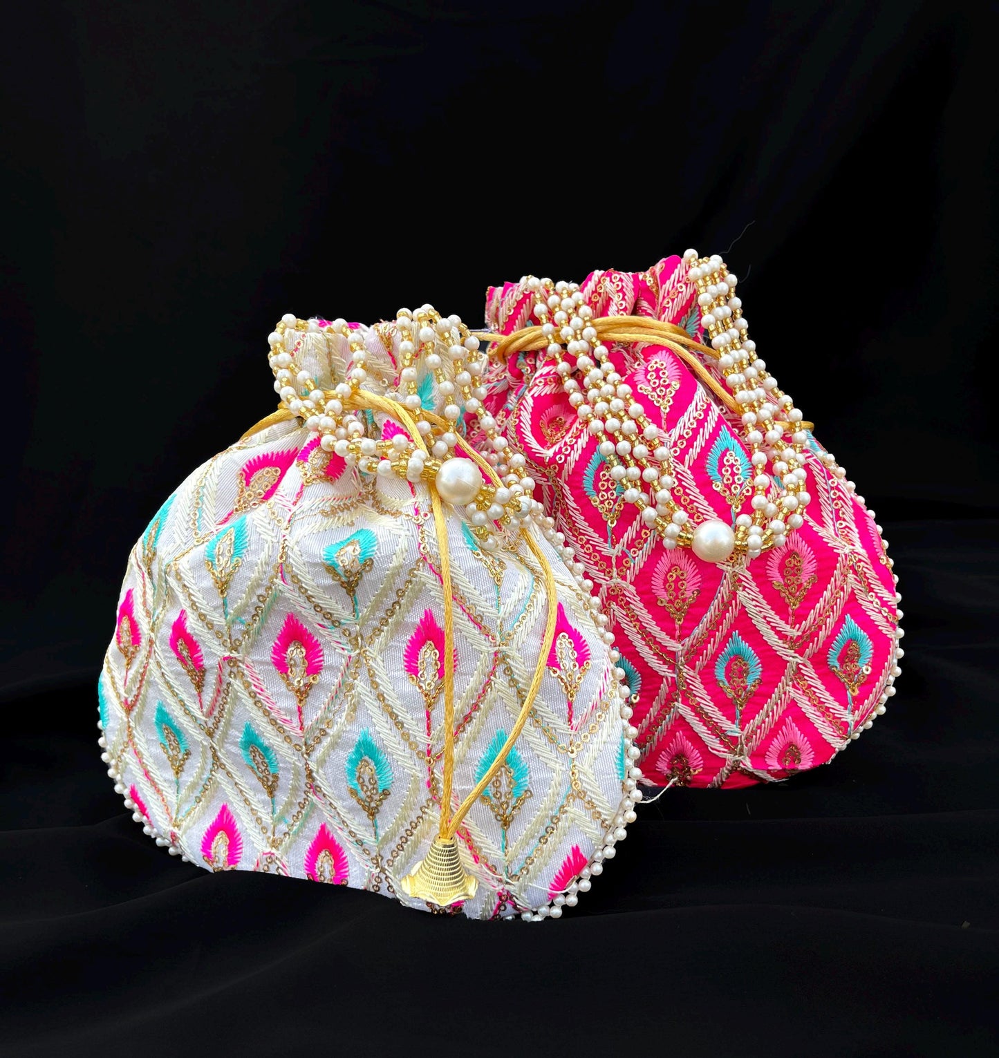 Embroidered Potli Bag: Indian Style Wedding Favor, Pink & White