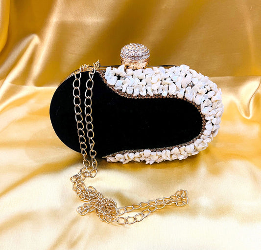 Elegant and Beautiful Black and White Oval Clutch Box Bag for Wedding | Parties | Cocktail | Prom | Gift
