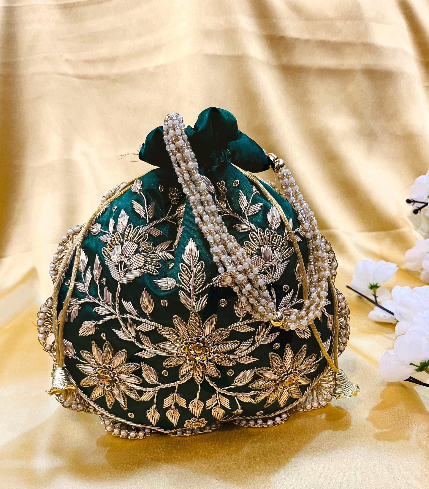Stylish Indian Designer Zari Handwork Emerald Green Color Potli Bag with Drawstring pattern for all occasions