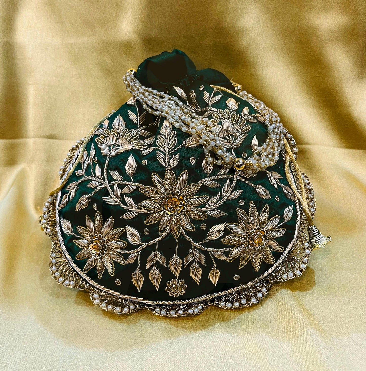 Stylish Indian Designer Zari Handwork Emerald Green Color Potli Bag with Drawstring pattern for all occasions