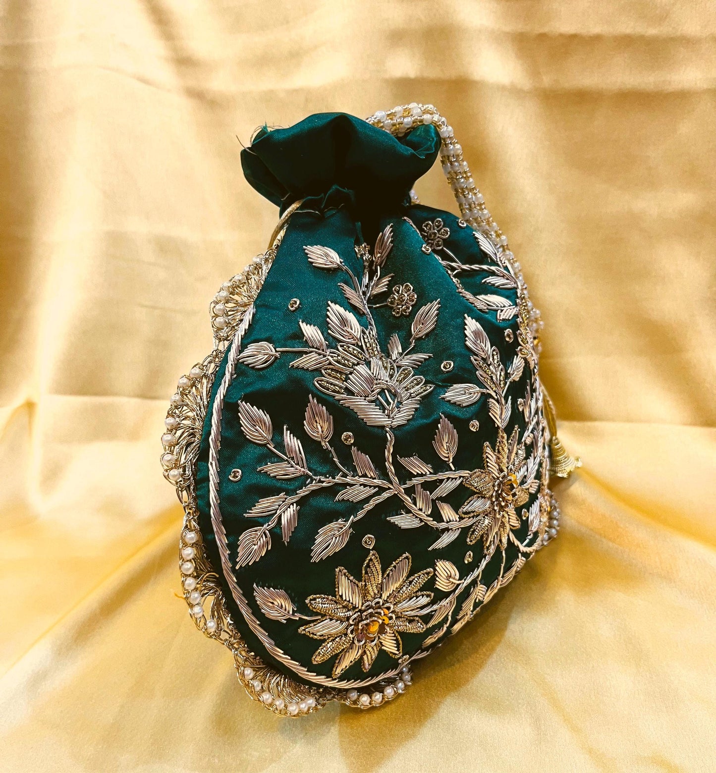 Stylish Indian Designer Zari Handwork Emerald Green Color Potli Bag with Drawstring pattern for all occasions