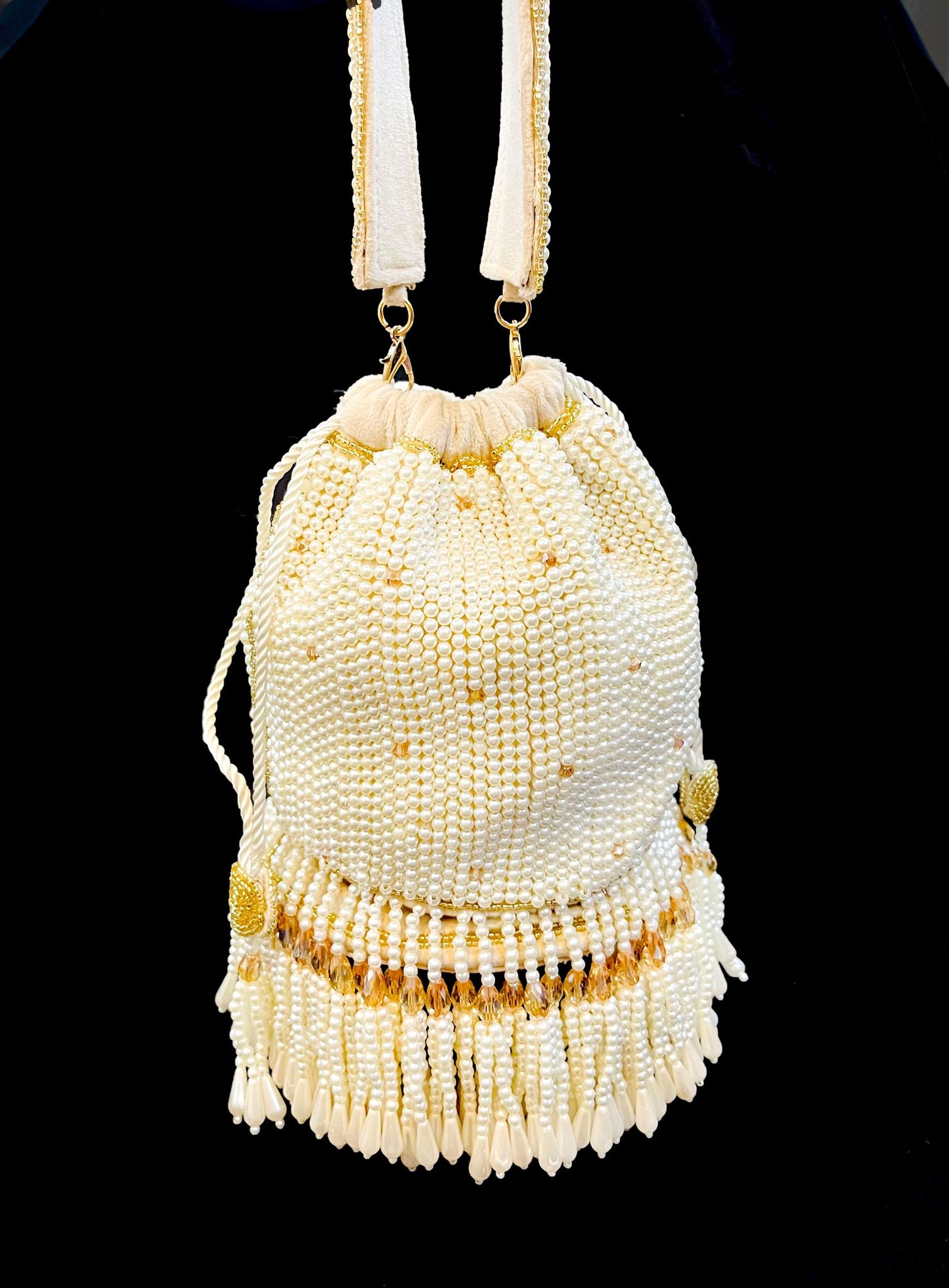 Embellished Off-White Color Pearl Potli Bag With Wrist Loop | Batawa Bag | Wedding | Party | Cocktail | Evening | Bridal | Wristlet | Gift