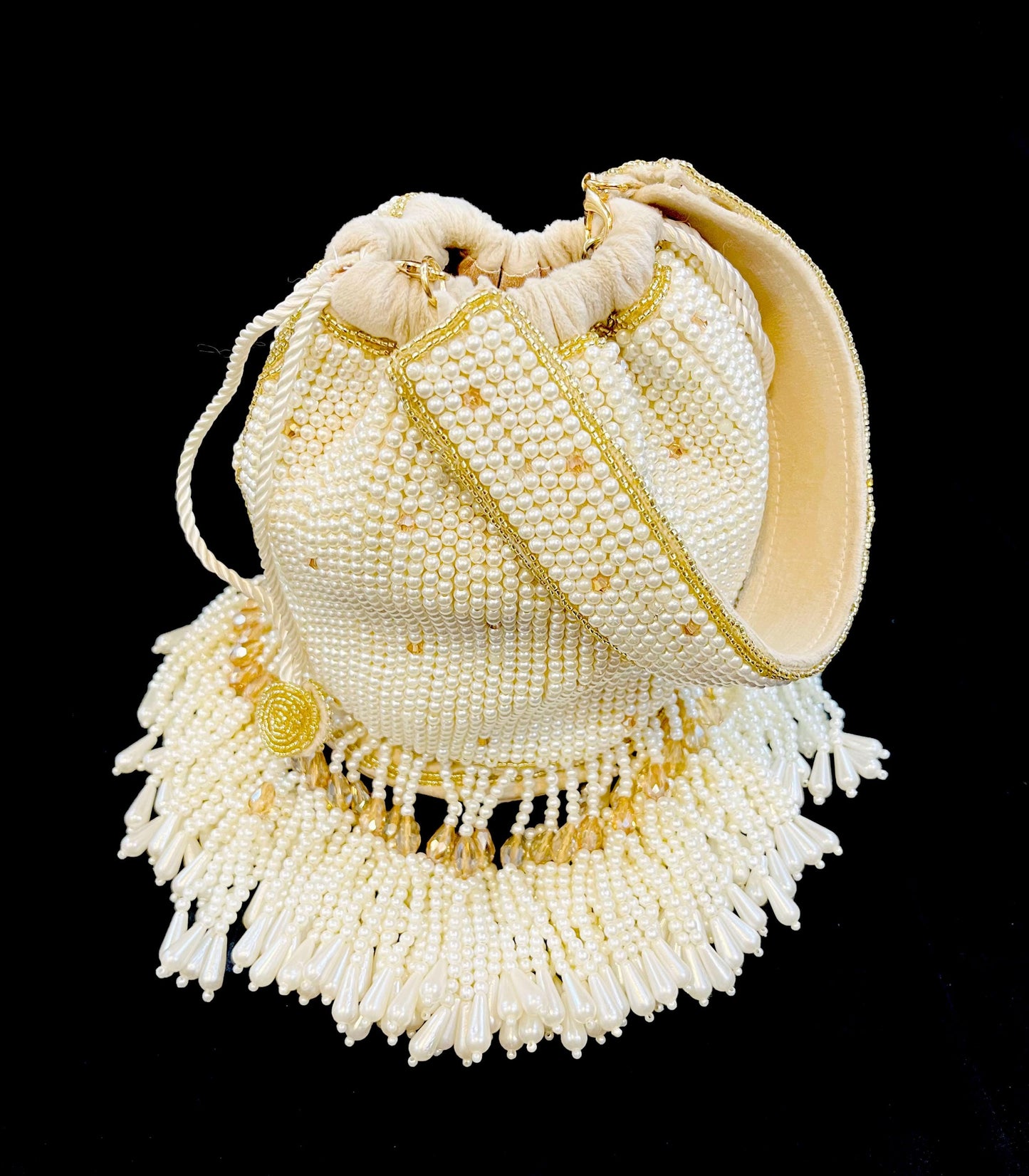 Embellished Off-White Color Pearl Potli Bag With Wrist Loop | Batawa Bag | Wedding | Party | Cocktail | Evening | Bridal | Wristlet | Gift
