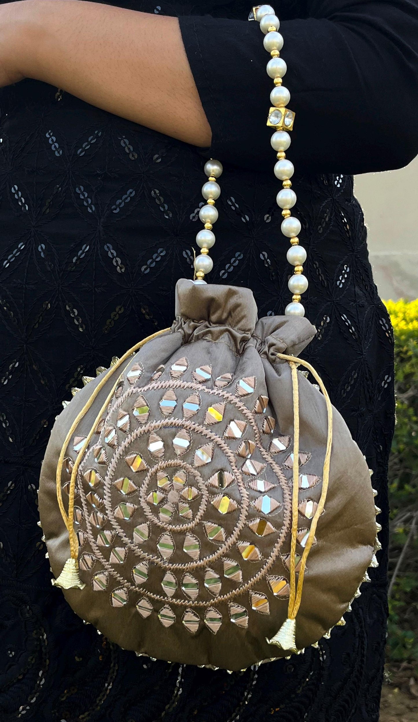 Mirror Work Indian Potli Bag: Pale Pink & Grey Wedding Favor