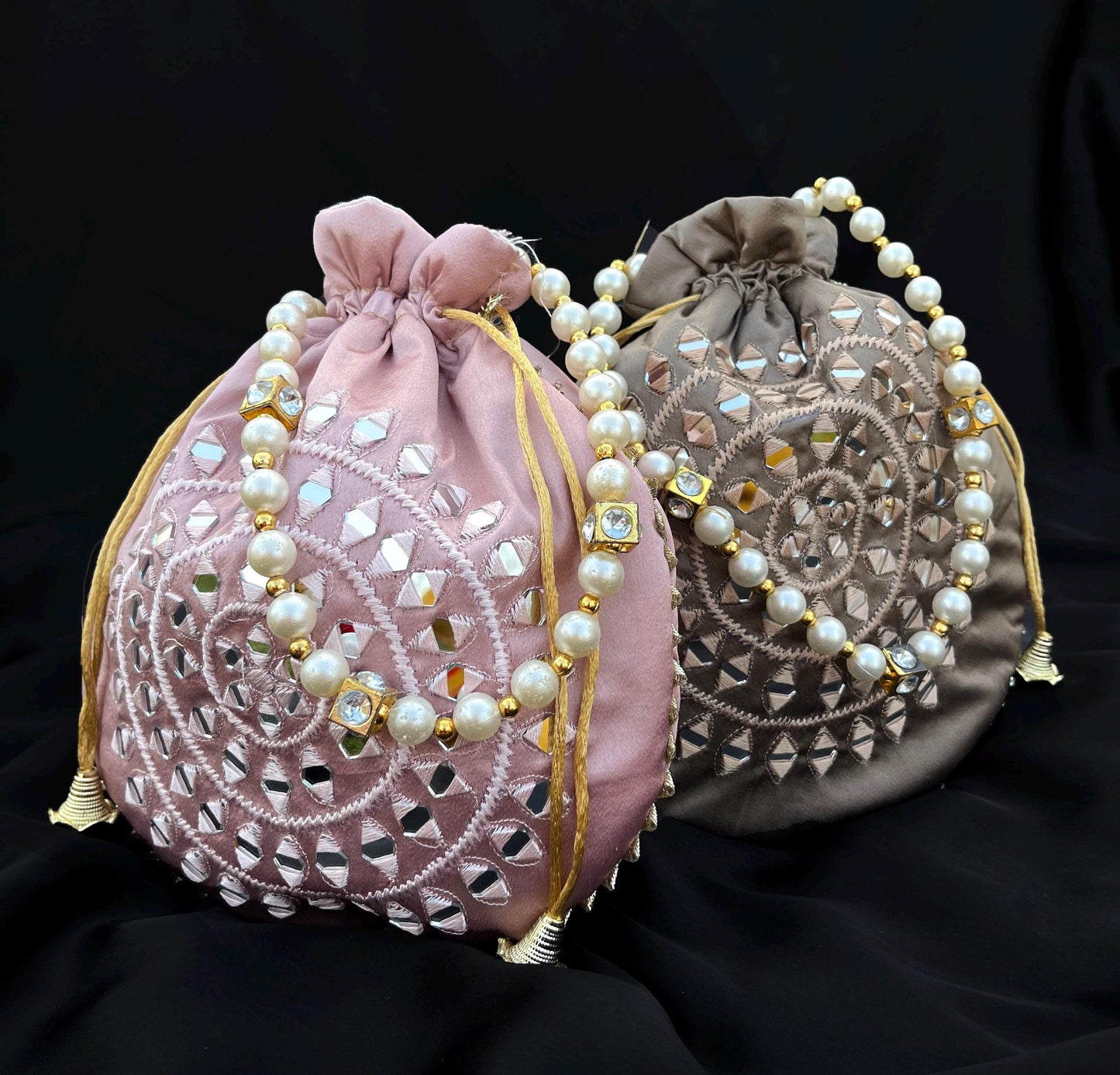 Mirror Work Indian Potli Bag: Pale Pink & Grey Wedding Favor