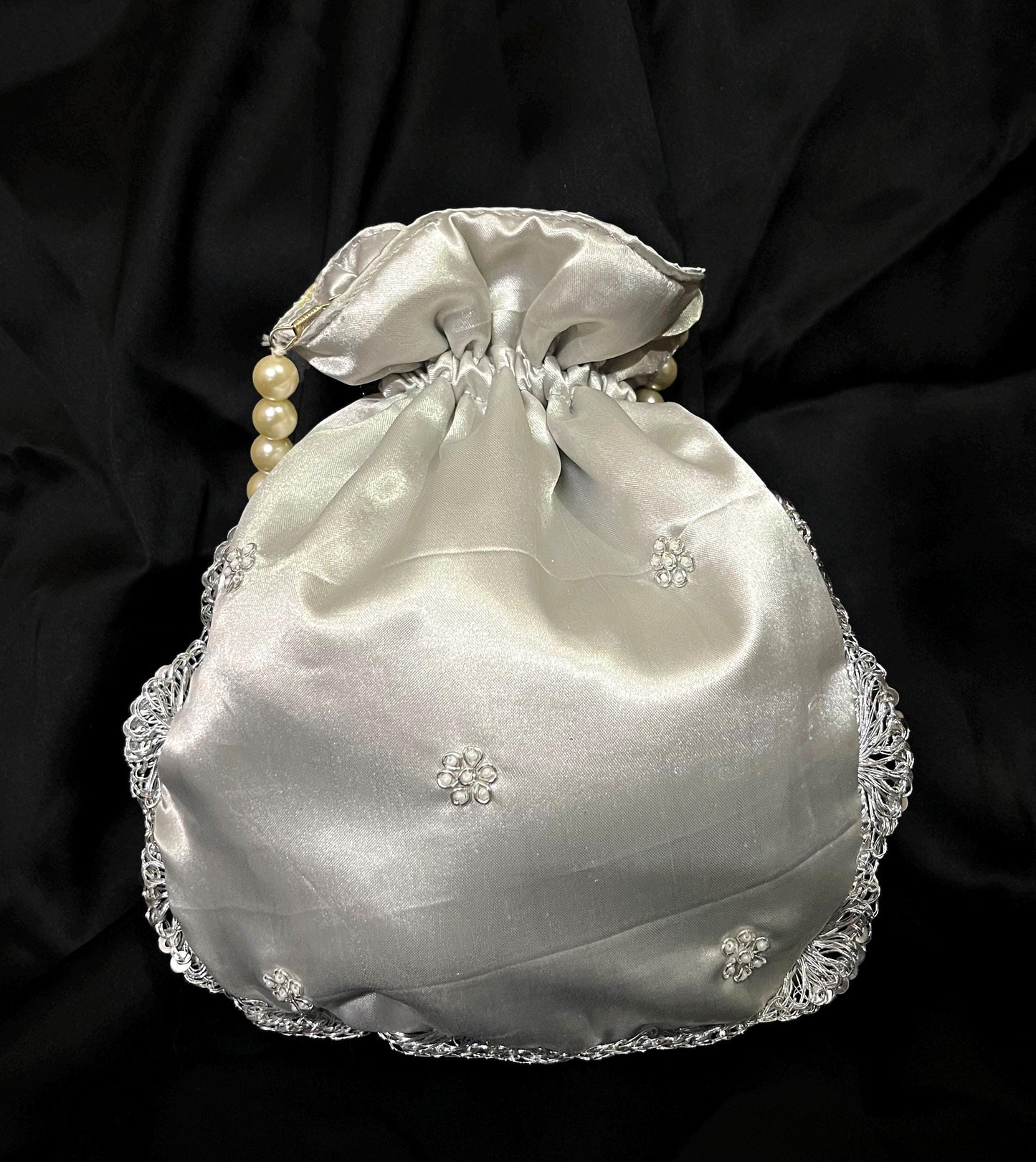 Silver Zardozi Embroidered Potli Bag: Handcrafted Satin Drawstring Purse