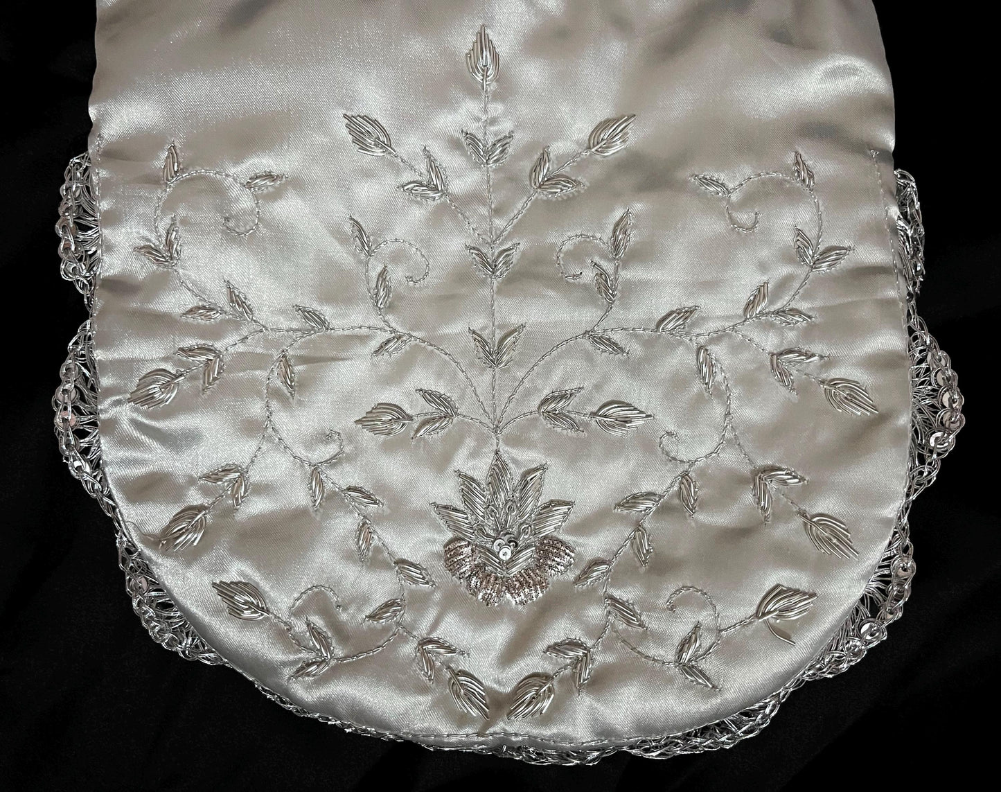 Silver Zardozi Embroidered Potli Bag: Handcrafted Satin Drawstring Purse