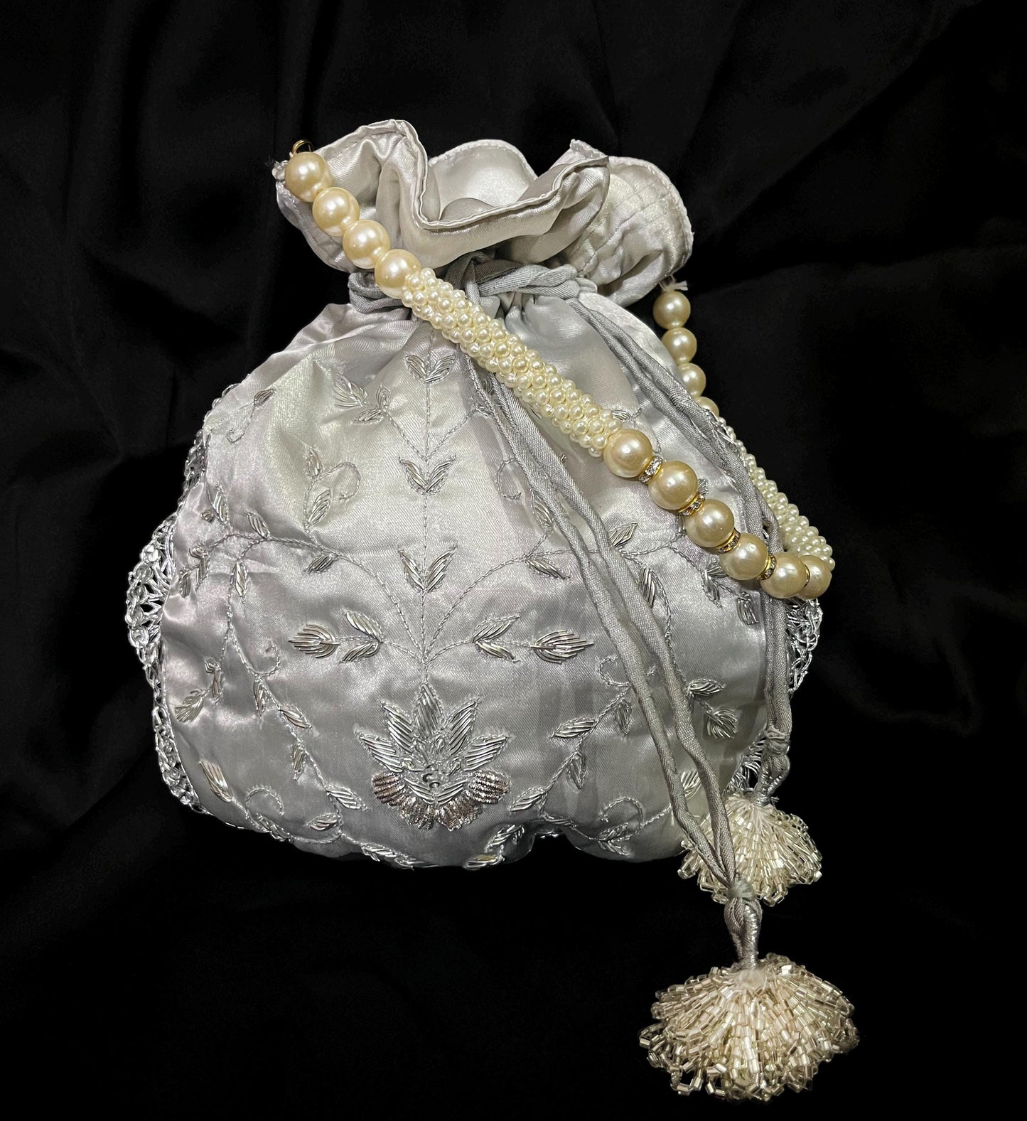 Silver Zardozi Embroidered Potli Bag: Handcrafted Satin Drawstring Purse