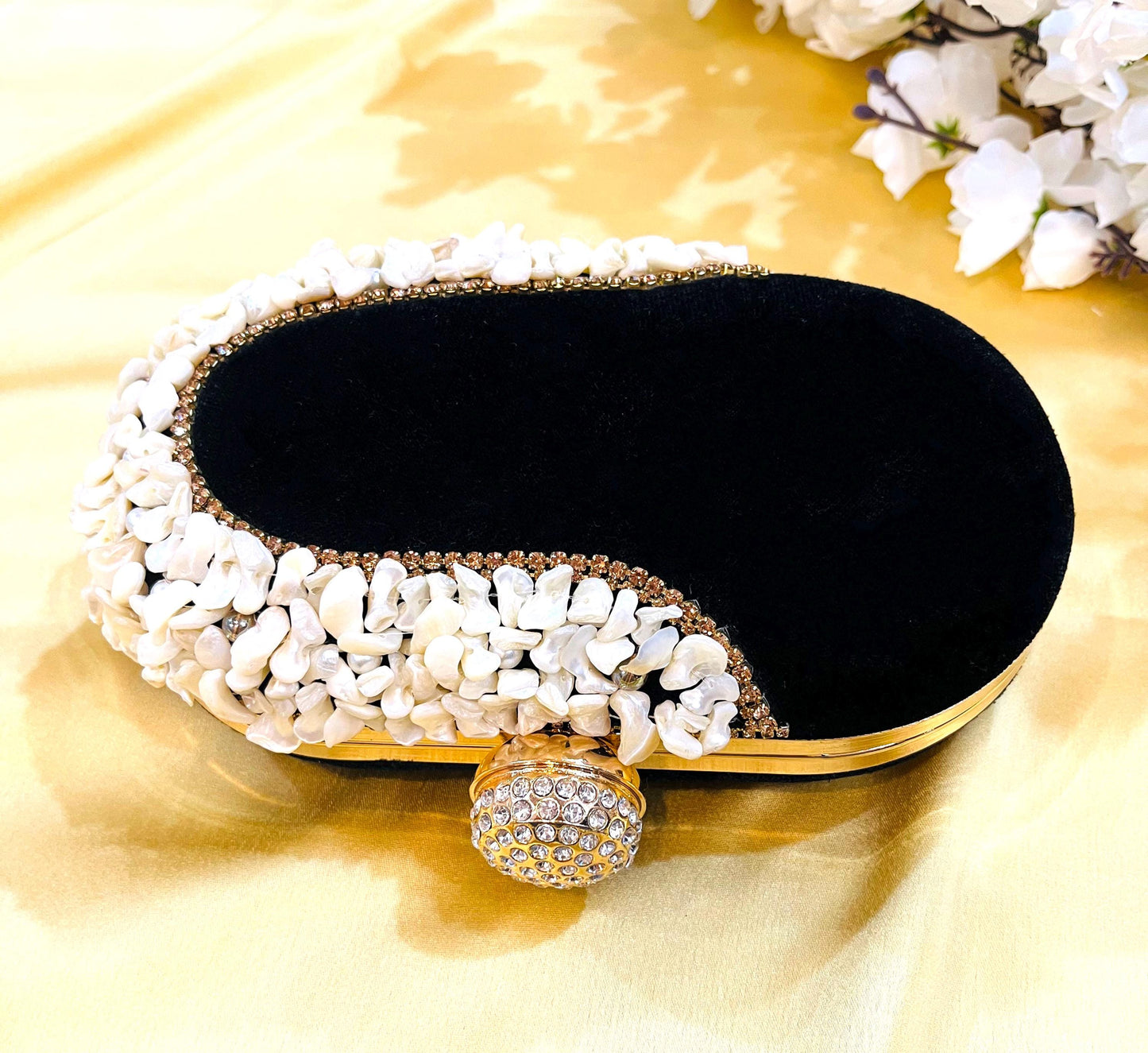 Elegant and Beautiful Black and White Oval Clutch Box Bag for Wedding | Parties | Cocktail | Prom | Gift