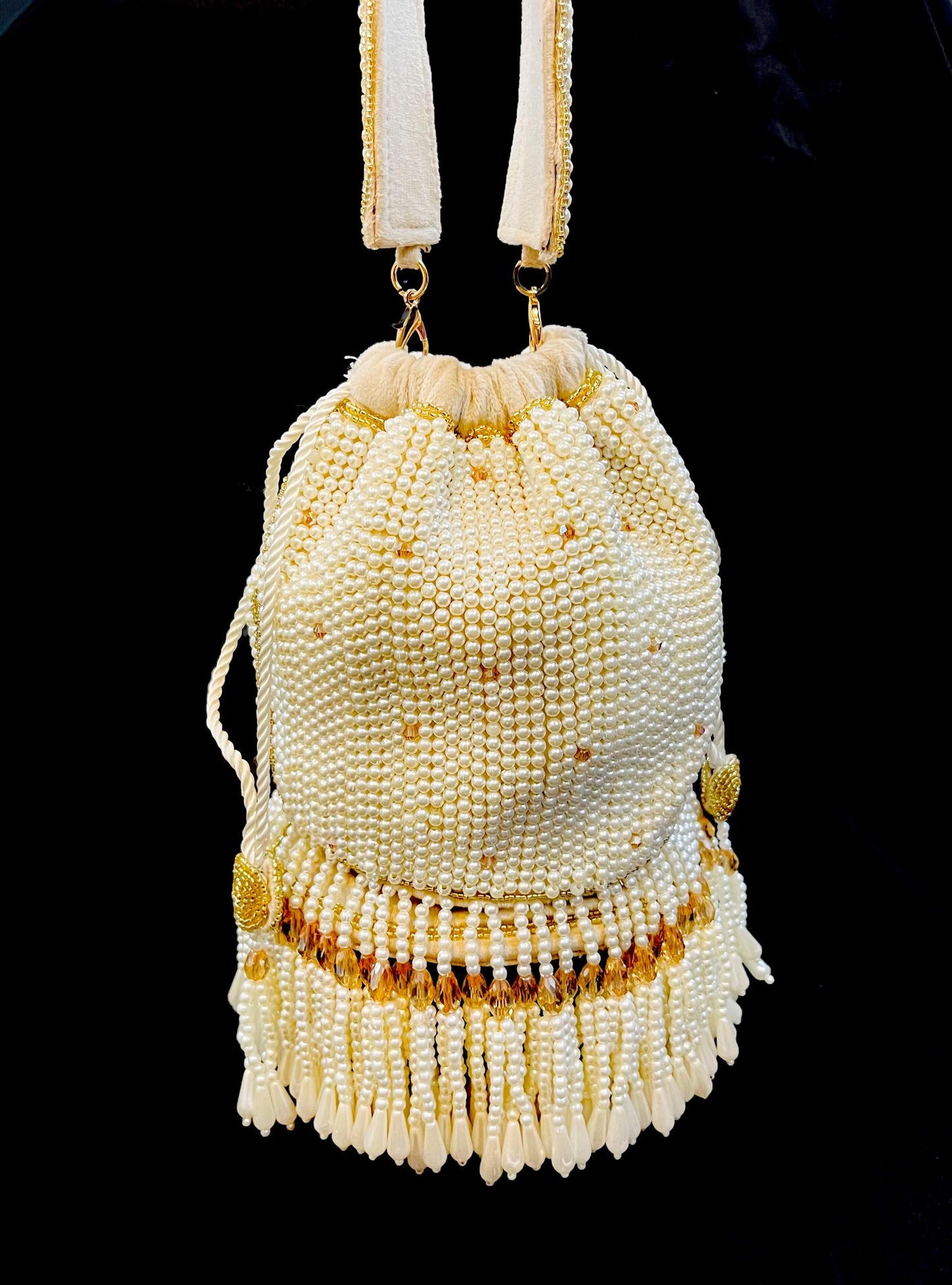 Embellished Off-White Color Pearl Potli Bag With Wrist Loop | Batawa Bag | Wedding | Party | Cocktail | Evening | Bridal | Wristlet | Gift