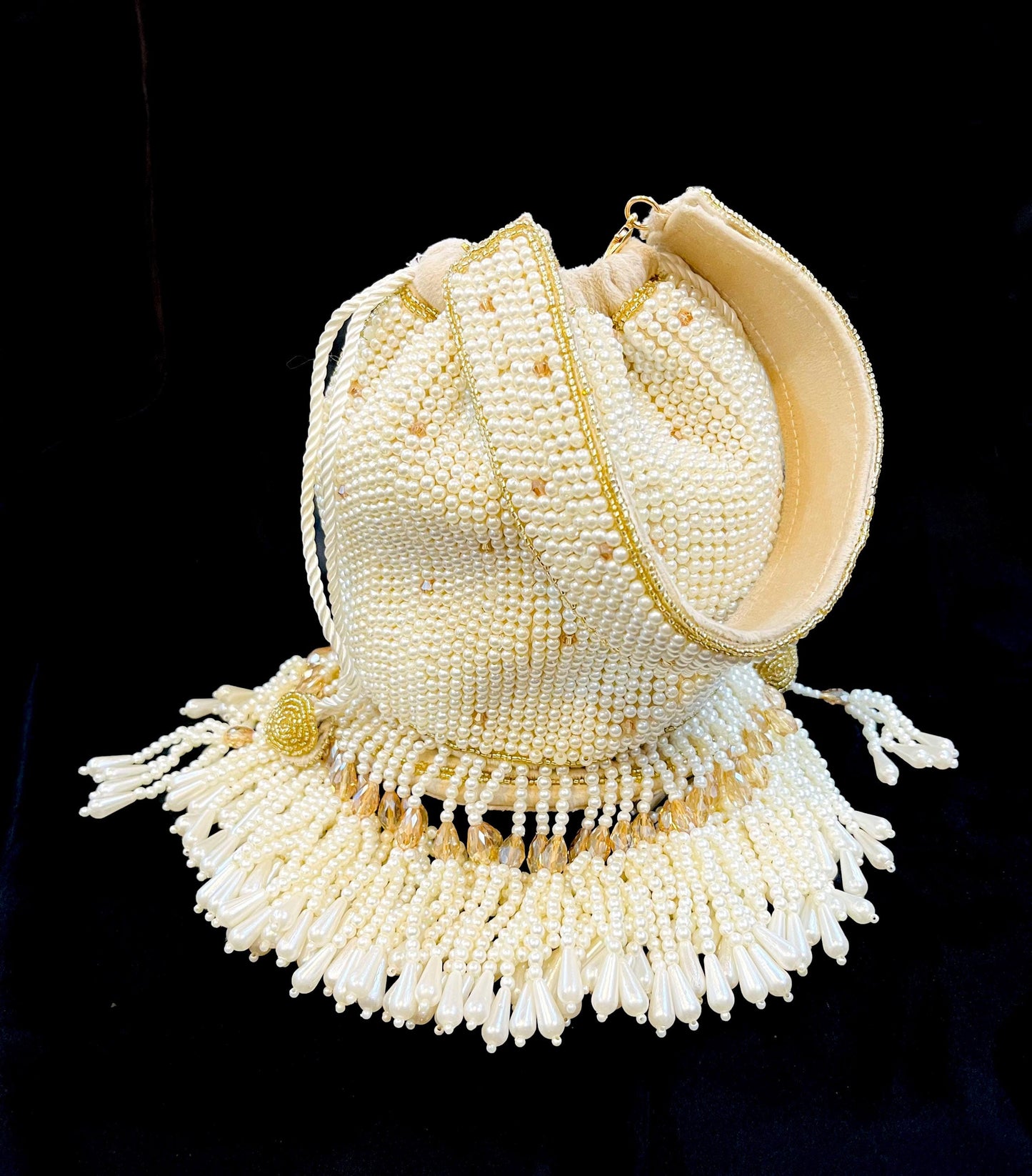 Embellished Off-White Color Pearl Potli Bag With Wrist Loop | Batawa Bag | Wedding | Party | Cocktail | Evening | Bridal | Wristlet | Gift