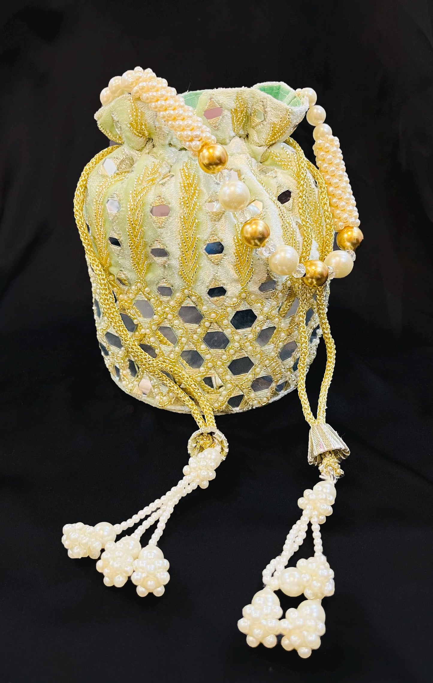 Exclusive Indian Mint Green Color Mirror Work Batawa Bag / Potli Bag for Party / Wedding / Gifts / Evening