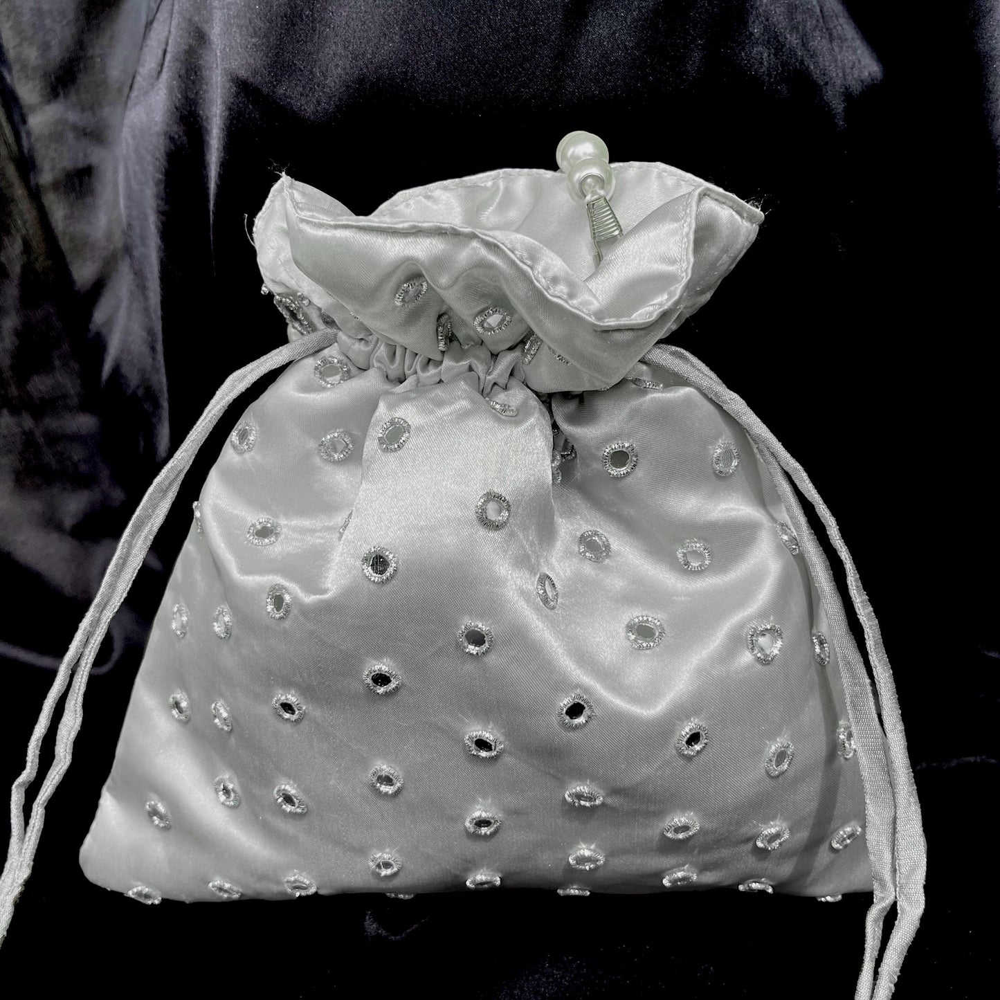 Silver Mirror Work Potli Bag | Handmade Bridal Wedding Purse | Indian Purse | Halloween gift