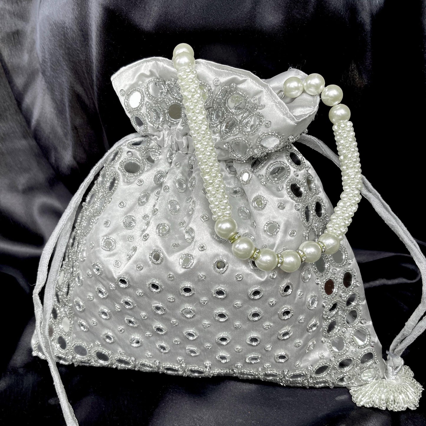 Silver Mirror Work Potli Bag | Handmade Bridal Wedding Purse | Indian Purse | Halloween gift