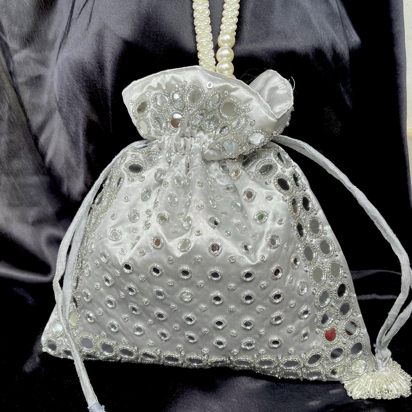 Silver Mirror Work Potli Bag | Handmade Bridal Wedding Purse | Indian Purse | Halloween gift