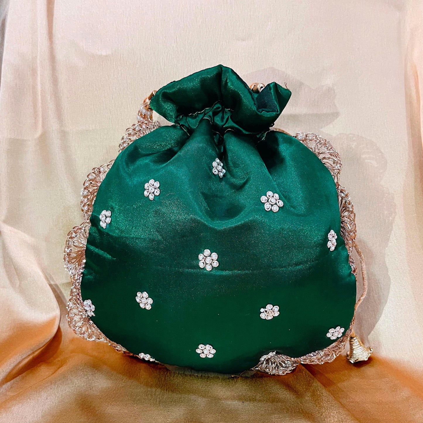 Indian Handcrafted Emerald Green Embroidered Potli Bag with Pearl Handle – Indian Wedding Purse, Bridal Gift, Ethnic Clutch, Zardosi Work