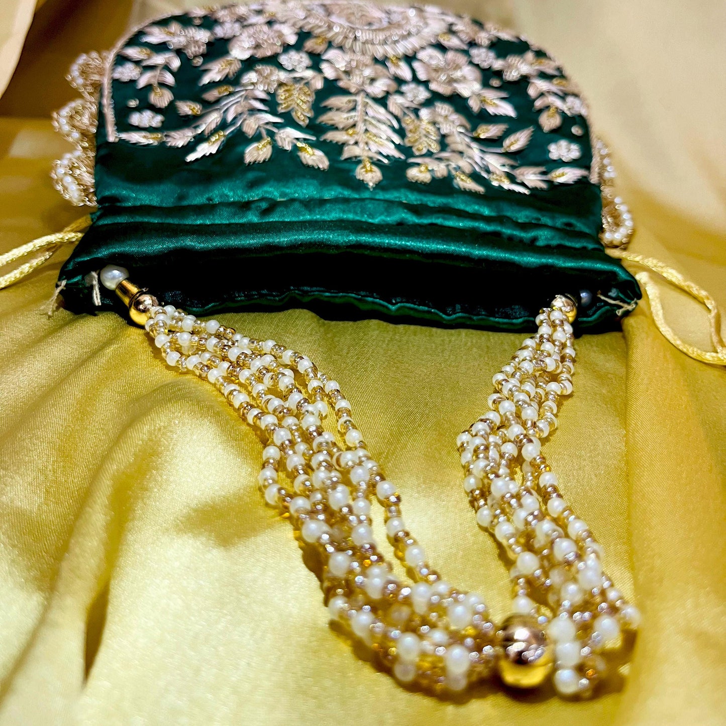 Indian Handcrafted Emerald Green Embroidered Potli Bag with Pearl Handle – Indian Wedding Purse, Bridal Gift, Ethnic Clutch, Zardosi Work