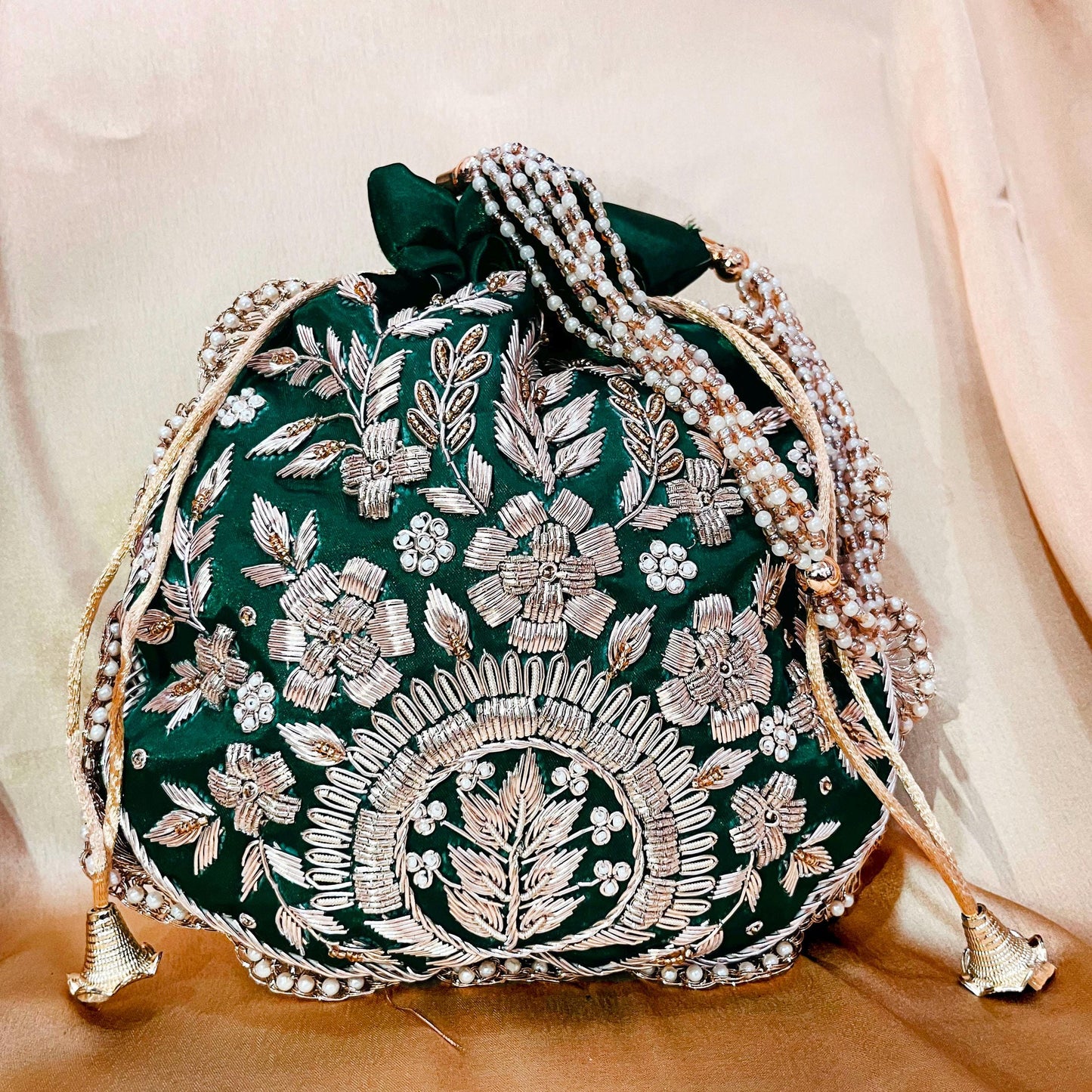 Indian Handcrafted Emerald Green Embroidered Potli Bag with Pearl Handle – Indian Wedding Purse, Bridal Gift, Ethnic Clutch, Zardosi Work