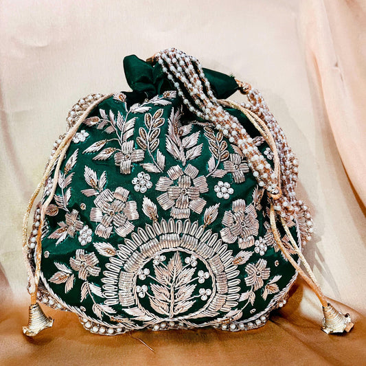 Indian Handcrafted Emerald Green Embroidered Potli Bag with Pearl Handle – Indian Wedding Purse, Bridal Gift, Ethnic Clutch, Zardosi Work