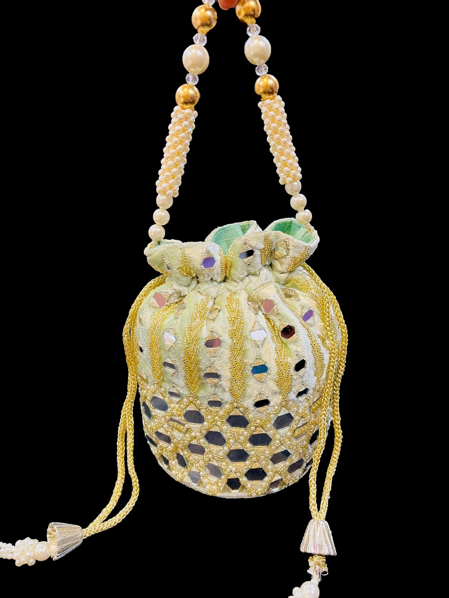 Exclusive Indian Mint Green Color Mirror Work Batawa Bag / Potli Bag for Party / Wedding / Gifts / Evening