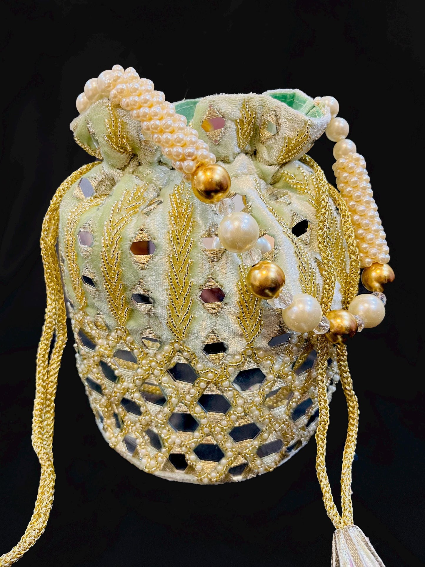 Exclusive Indian Mint Green Color Mirror Work Batawa Bag / Potli Bag for Party / Wedding / Gifts / Evening