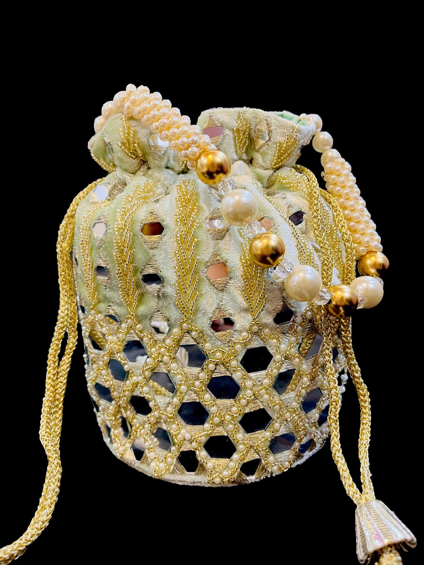 Exclusive Indian Mint Green Color Mirror Work Batawa Bag / Potli Bag for Party / Wedding / Gifts / Evening