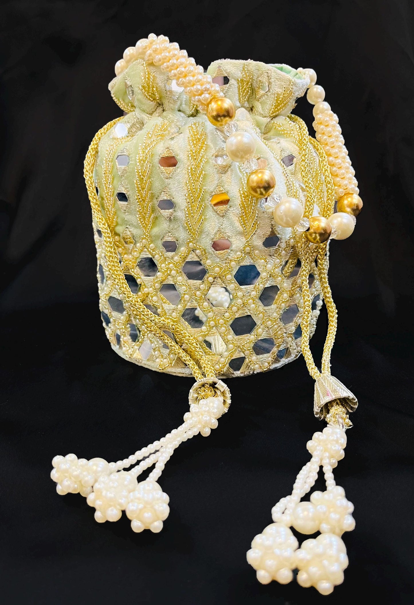 Exclusive Indian Mint Green Color Mirror Work Batawa Bag / Potli Bag for Party / Wedding / Gifts / Evening