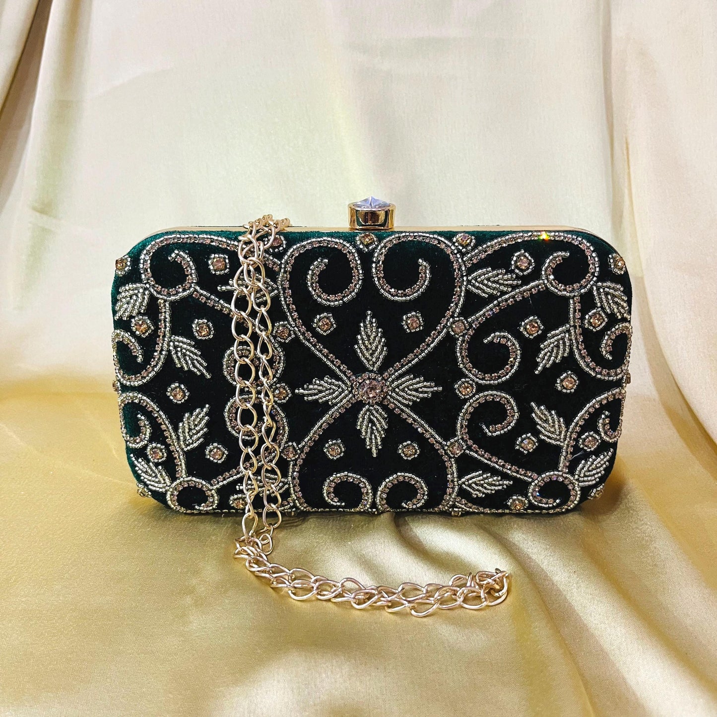 Elegant Indian Green Beaded Clutch – Handcrafted Evening Bag with Intricate Beadwork | Perfect for Weddings, Parties & Special Occasions
