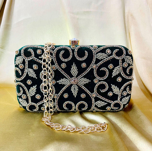 Elegant Indian Green Beaded Clutch – Handcrafted Evening Bag with Intricate Beadwork | Perfect for Weddings, Parties & Special Occasions