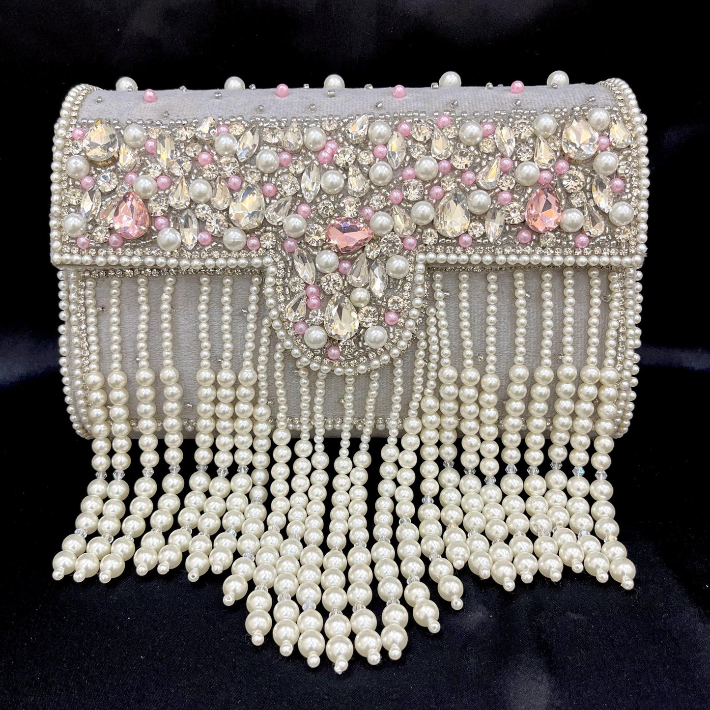 Handmade Pearl and Crystal Beaded Clutch Bag | Grey & Ivory Bridal Purse with Fringe | Wedding Evening Handbag | Luxury Party Clutch