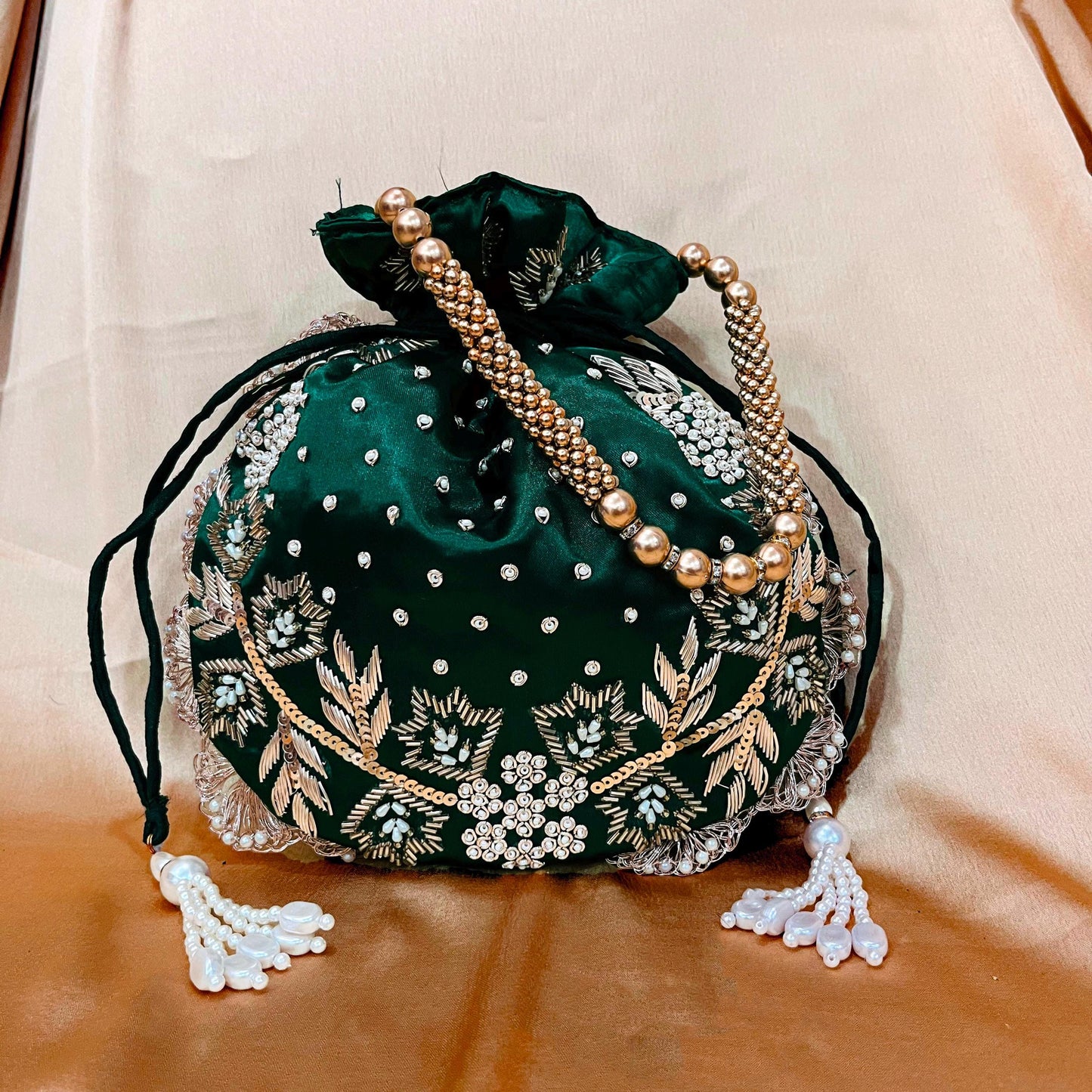 Emerald Green Handmade Embroidered Potli Bag: Indian Wedding Clutch with Pearl Handle
