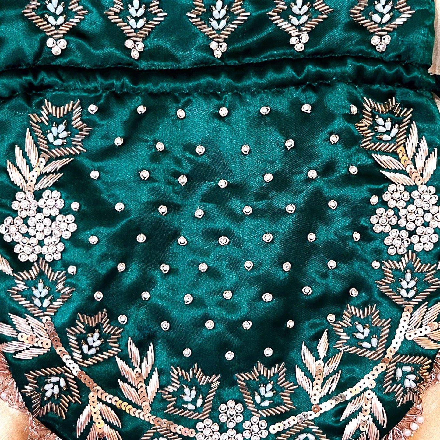 Emerald Green Handmade Embroidered Potli Bag: Indian Wedding Clutch with Pearl Handle