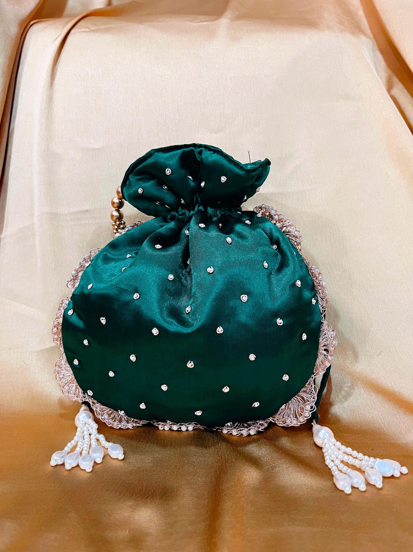 Emerald Green Handmade Embroidered Potli Bag: Indian Wedding Clutch with Pearl Handle