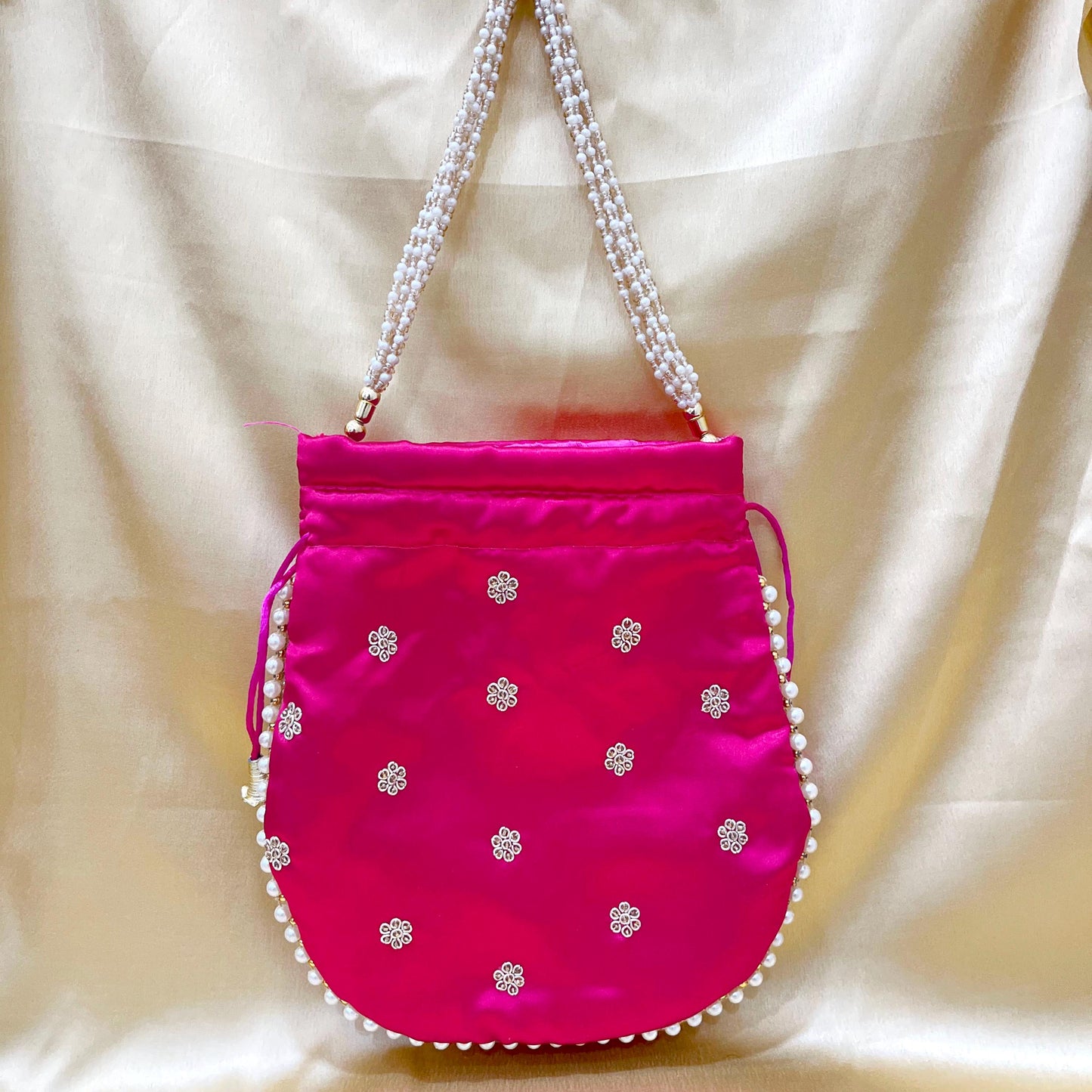 Zari Handwork Potli Bag: Emerald Green, Pink & Gold Indian Design