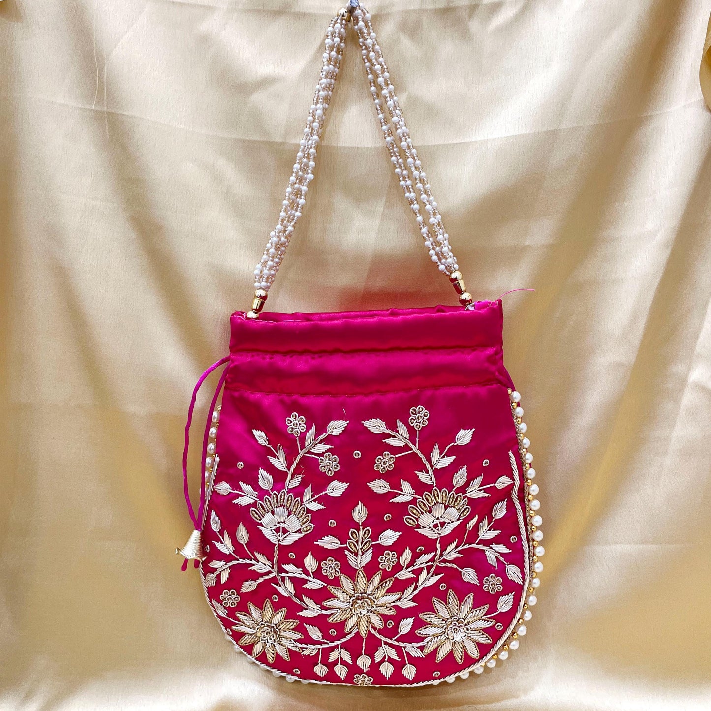 Zari Handwork Potli Bag: Emerald Green, Pink & Gold Indian Design