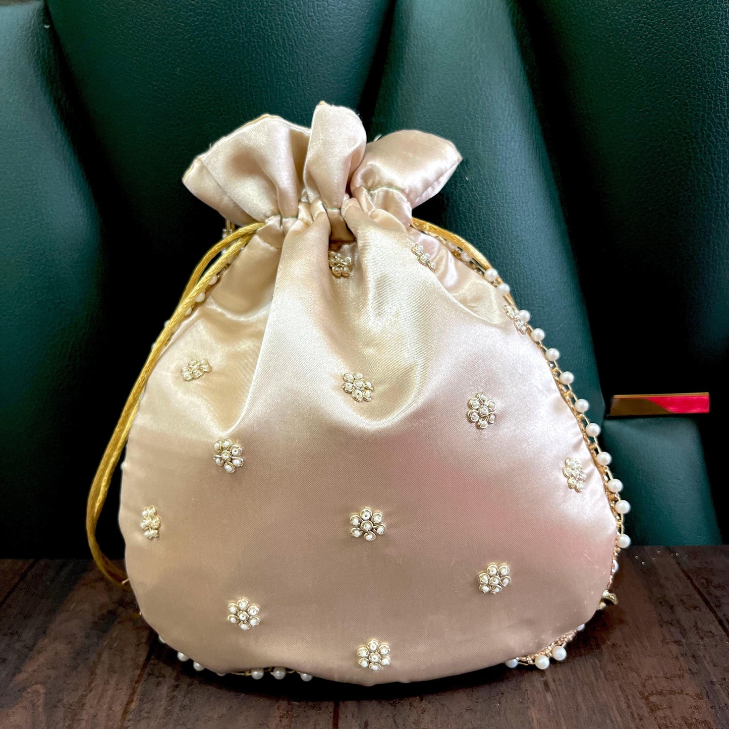 Champagne Gold Embroidered Potli Bag with Pearl Handle | Bridal Wedding Purse | Handmade Indian Ethnic Clutch | Designer Festive Bag