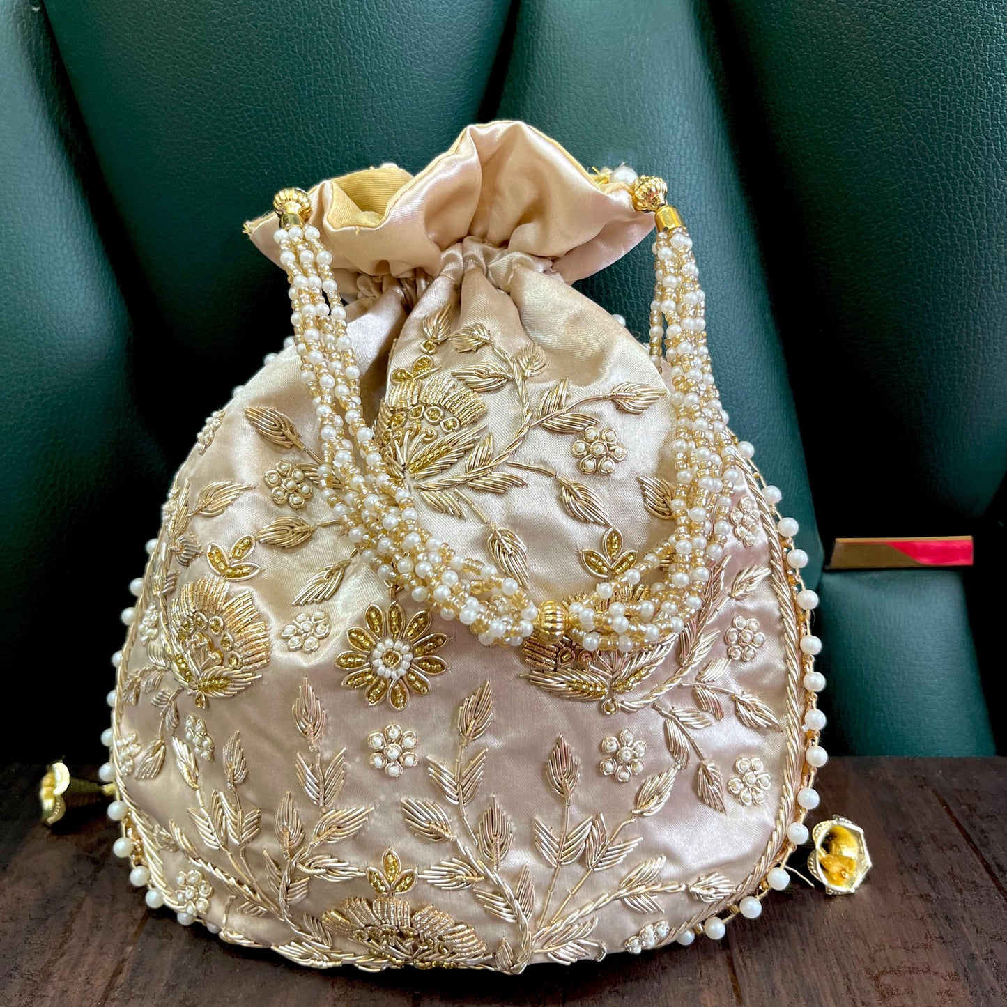 Champagne Gold Embroidered Potli Bag with Pearl Handle | Bridal Wedding Purse | Handmade Indian Ethnic Clutch | Designer Festive Bag